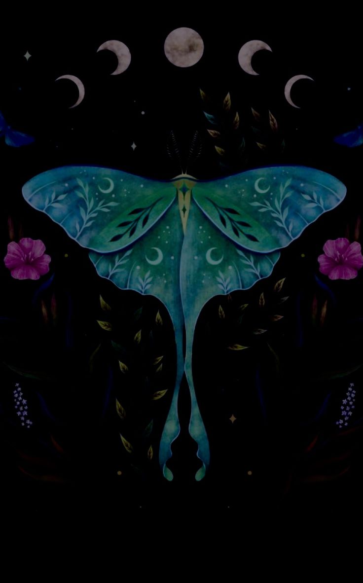 a blue butterfly sitting on top of a black surface next to pink flowers and crescents