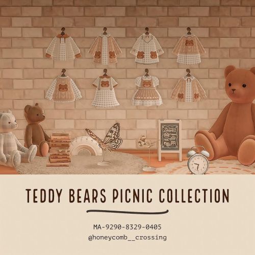 teddy bears picnic collection displayed in front of brick wall with clock and other stuffed animals