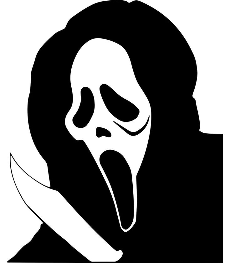 a black and white silhouette of a person with a knife in his mouth, wearing a scary mask