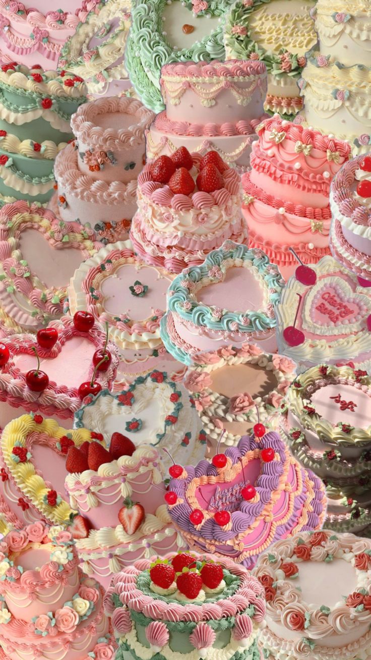 many different types of cakes are stacked on top of each other, with hearts and flowers all over them