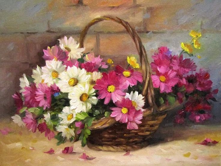 a painting of flowers in a basket