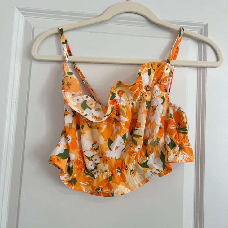 Orange Floral Crop Top From H&M I Believe Never Worn Super Cute Just Too Small For Me Summer Printed Crop Top, Summer Crop Top With Tropical Print For Spring, Floral Print Summer Crop Top For Brunch, H&m Casual Summer Crop Top, Orange Floral Print Tops For Beach Season, Summer Floral Print Crop Top For Brunch, Summer Floral Print Crop Top For Beach Season, Summer Floral Print Crop Top For Day Out, Floral Print Crop Top For Beach Season Day Out