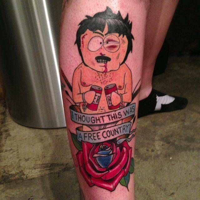 a man's leg with a cartoon character on it and the words thought this was free country