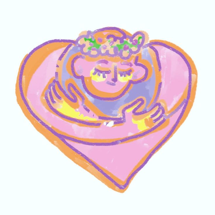 a drawing of a monkey with a crown on its head and holding onto a pink heart