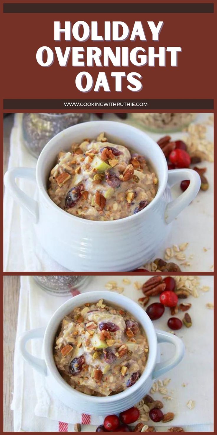 two bowls filled with oatmeal sitting on top of a table