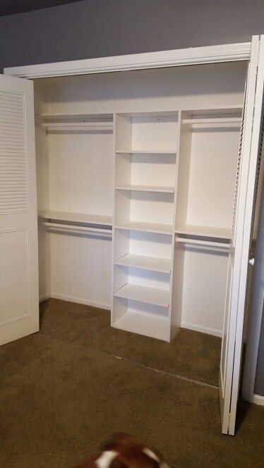 a dog is walking in front of an empty walk - in closet with shelving