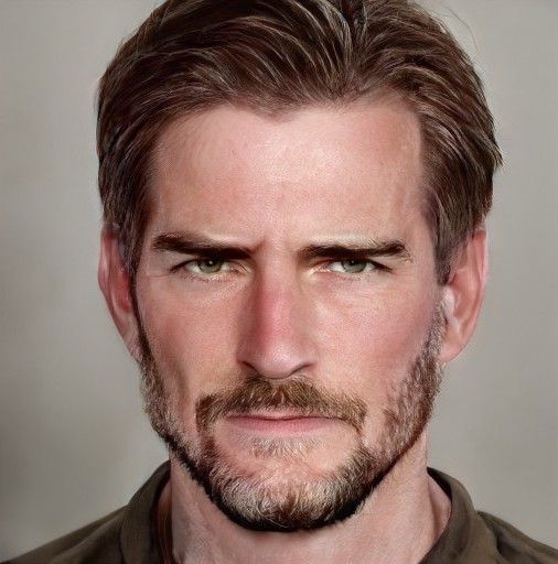 a man with a goatee and beard looks at the camera while wearing a brown shirt