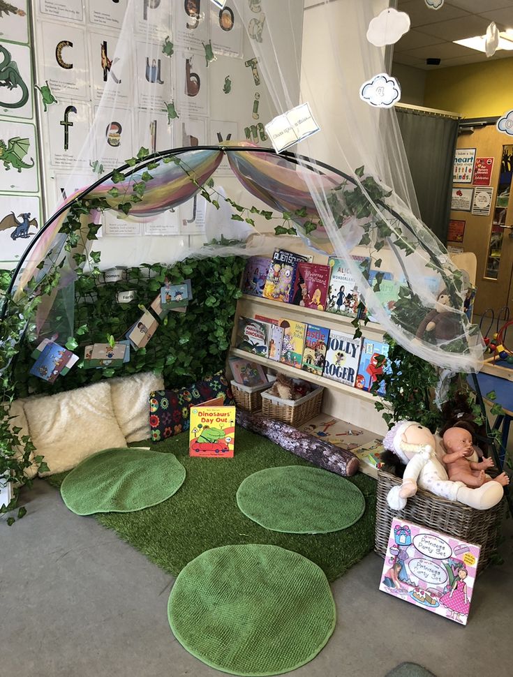 a child's play area with green rugs, bookshelves and toys