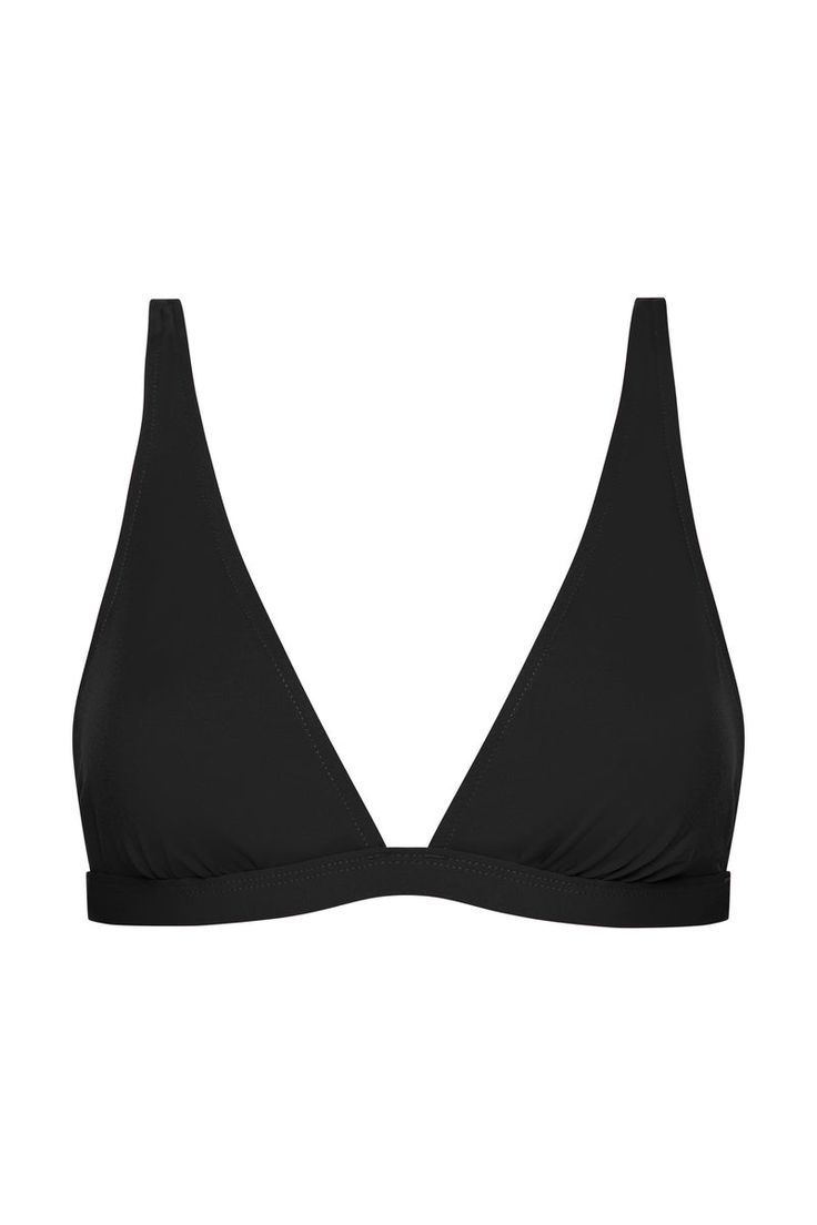 Aurelie in Black is a timeless classic triangle bikini top, featuring a V plunge neckline, adjustable shoestring straps and a narrow band under the bust-line for support. Made using our luxury Singuleur® fabric that hugs the body like a second skin, Aurelie will be a core part of your swim wardrobe for years to come.Luxury fabric sustainably made in Italy.Garment sustainably and ethically made in Australia. Black Triangle Top Swimwear With Padded Cups, Elegant Black Swimwear With Padded Cups, Elegant Black Triangle Top Swimwear, Elegant Bra-friendly Triangle Swimwear, Chic V-neck Swimwear, Bra Friendly, Chic V-neck Swimwear Bra Friendly, Elegant Swimwear With Built-in Bra And Triangle Top, Chic V-neck Swimwear That Is Bra Friendly, Elegant Low-cut Lined Swimwear