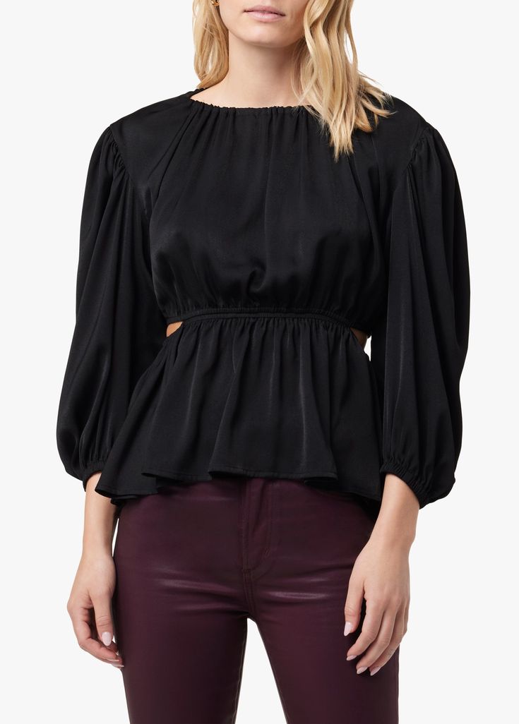 BLACK Cut Out Top, Pleated Trousers, Peplum Hem, Puffy Sleeves, Satin Blouse, Joes Jeans, Peasant Tops, Fitted Skirt, Distressed Denim