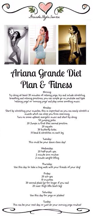 the ariana grandee diet plan and fitness program is shown in this image, with pictures