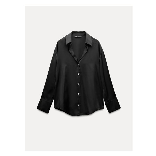 V-neck lapel collar shirt with long sleeves. Front button closure. Luxury Oversized V-neck Tops, Fall V-neck Top With Placket, Fall V-neck Blouse With Placket, Fall V-neck Shirt With Button Closure, Semi-formal Sleek Collared Blouse, Formal V-neck Shirt With Button Closure, Fall Blouse With Lapel Collar And Hidden Buttons, Semi-formal Fall V-neck Top, Workwear Tops With Lapel Collar And Button Cuffs