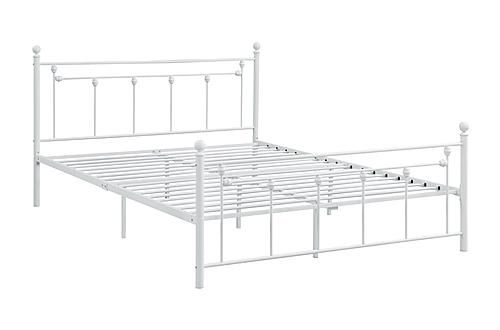 a white metal bed frame with headboard and foot board on an isolated white background