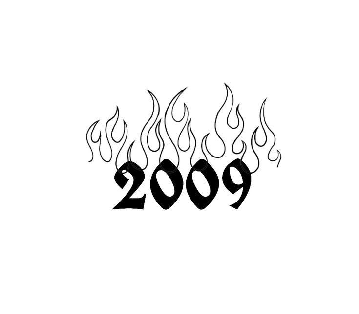 the word 2009 is made up of flames and black letters on a white background,