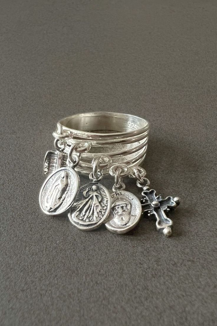 Charms Ring for Women Religious Ring Gift for Mom Real Silver Ring Saint Medal Ring Stackable Sterling Silver Religious Gift Catholic Ring - Etsy Ring With Charms, Cool Silver Jewelry, Unique Gifts Women, Catholic Ring, Handmade Gifts For Mom, Elegant Silver Jewelry, Silver Ring Stack, Handmade Silver Rings, Mexican Silver Jewelry