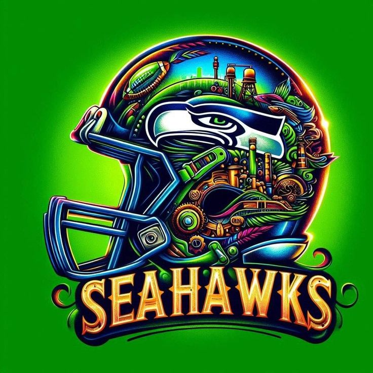 the seattle football team's helmet is depicted on a green background with words seahawks