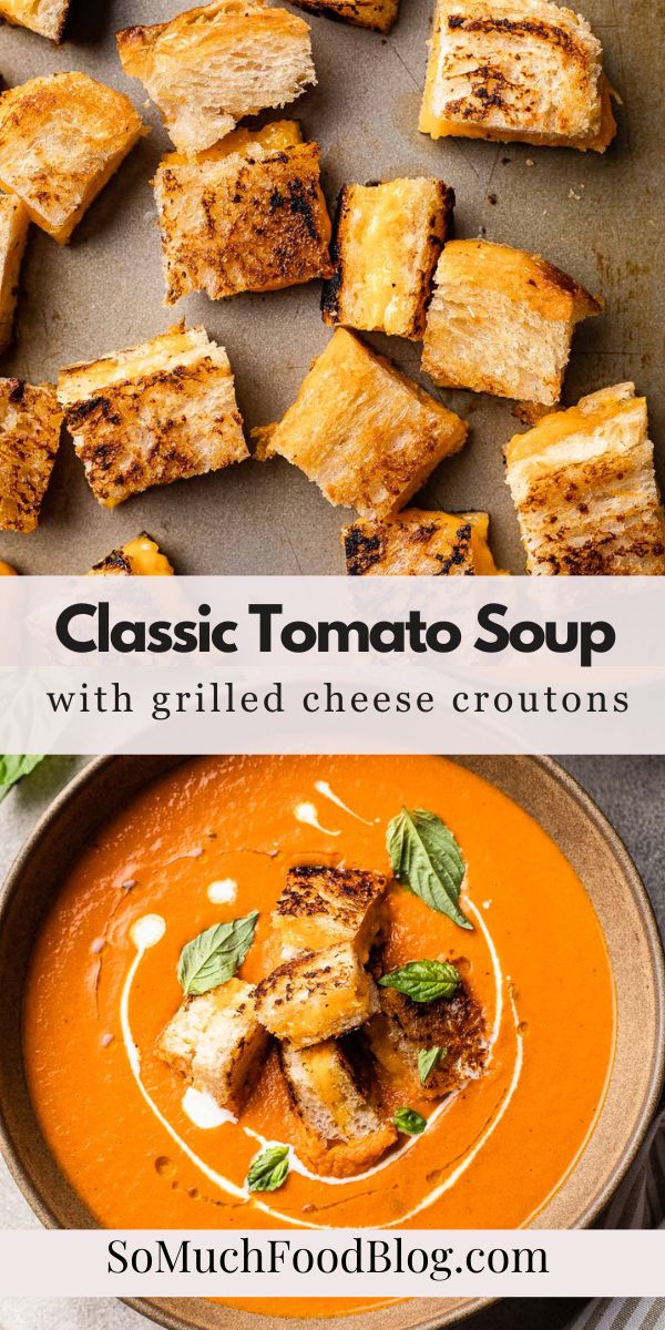 tomato soup with grilled cheese croutons in a bowl and on a plate