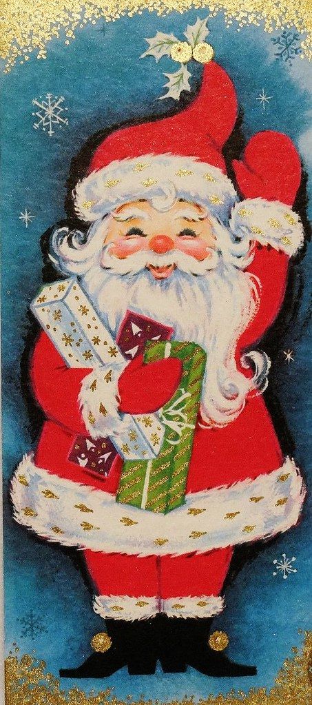 a painting of santa holding presents in his hand