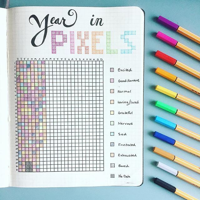 an open planner with colored pencils next to it and the words year in pixels