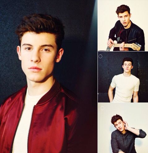 four pictures of a young man with a guitar and wearing a red jacket, white t - shirt and black pants