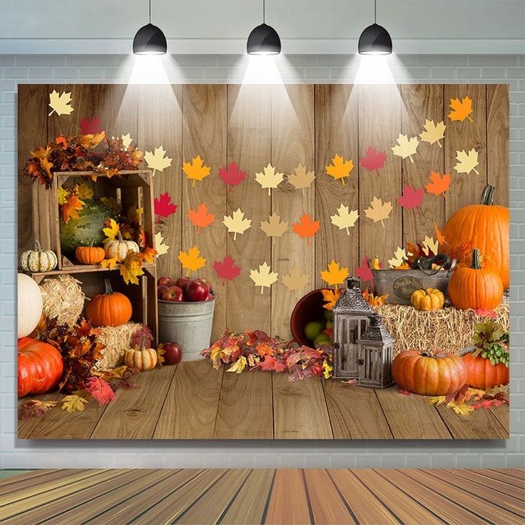 an autumn scene with pumpkins, hay bales and other fall leaves on the wall