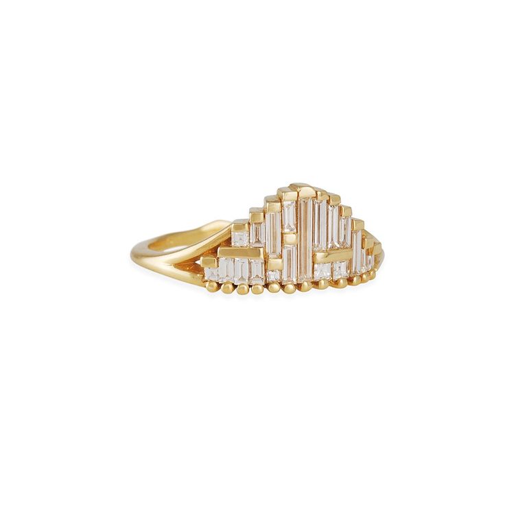 This vintage style, Art Deco Baguette Ring is simply stunning. It features an array of shining baguette diamonds with a touch gold detailing, with a tapered band that is finished with a tiny gold marquise detail on the back. A fabulous piece! Size: 6 Metal: 18k yellow, can be ordered in white or rose gold. Diamonds: .43cttw baguettes and mixed cuts. Excellent cut, VS clarity, color E-G, conflict free Band width: 1.5mm Price reflects the sample as shown. Contact The Clay Pot for ordering, sizing, Gold Baguette Cut Diamond Ring, Art Deco Diamond Ring With Baguette Diamonds, Luxury Baguette Diamond Ring For Wedding, Elegant Gold Diamond Ring With Baguette Diamonds, Luxury Rings With Baguette Diamonds, Baguette Diamond Rings With Single Cut Diamonds, Gold Baguette Ring With Brilliant Cut, Yellow Gold Baguette Cut Ring With Baguette Diamonds, Classic Gold Baguette Diamond Ring