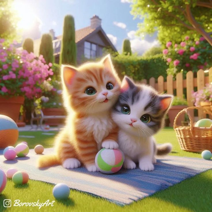 two kittens are sitting on a towel in the grass with easter eggs around them