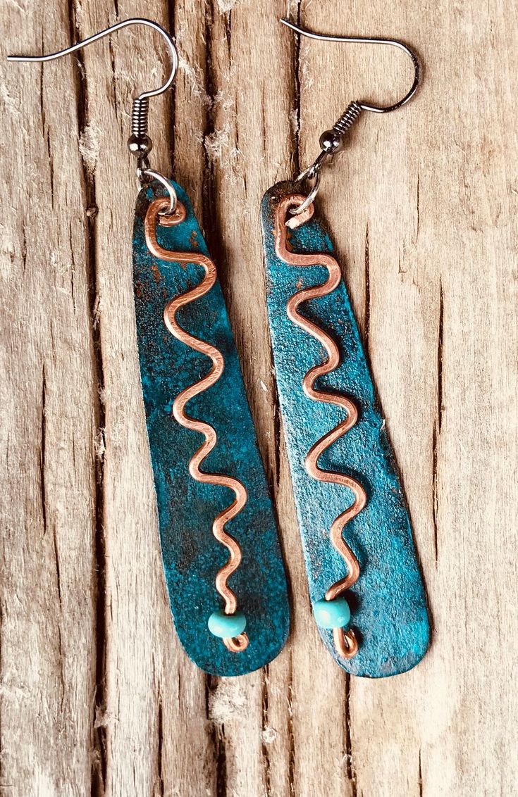 Hand crafted oxidized copper earrings with copper wire and turquoise beads. Made in Gunnison Colorado Gunnison Colorado, Oxidized Copper, Copper Earrings, Earrings Etsy, Turquoise Beads, Copper Wire, Wire Jewelry, Jewelry Earrings Dangle, Etsy Earrings