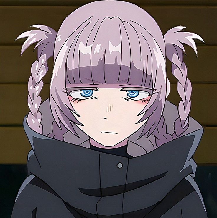 an anime character with pink hair wearing a black coat and braids on her head