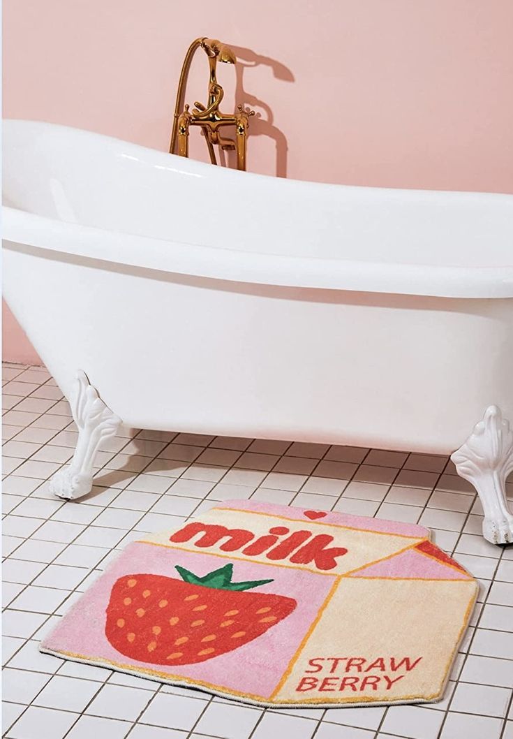 strawberry milk rug, bathroom rug, Inso, colorful rug, funky, cute Strawberry Bath Mat, Strawberry Bathroom Aesthetic, Strawberry Themed Bathroom, Strawberry Bathroom Decor, Strawberry Apartment, Strawberry Themed Room, Strawberry Room Decor, Strawberry Bathroom, Fruit Bathroom