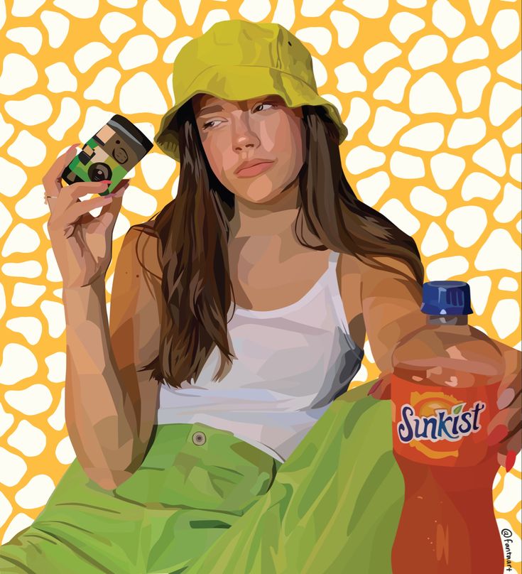 a painting of a woman holding a can and a bottle