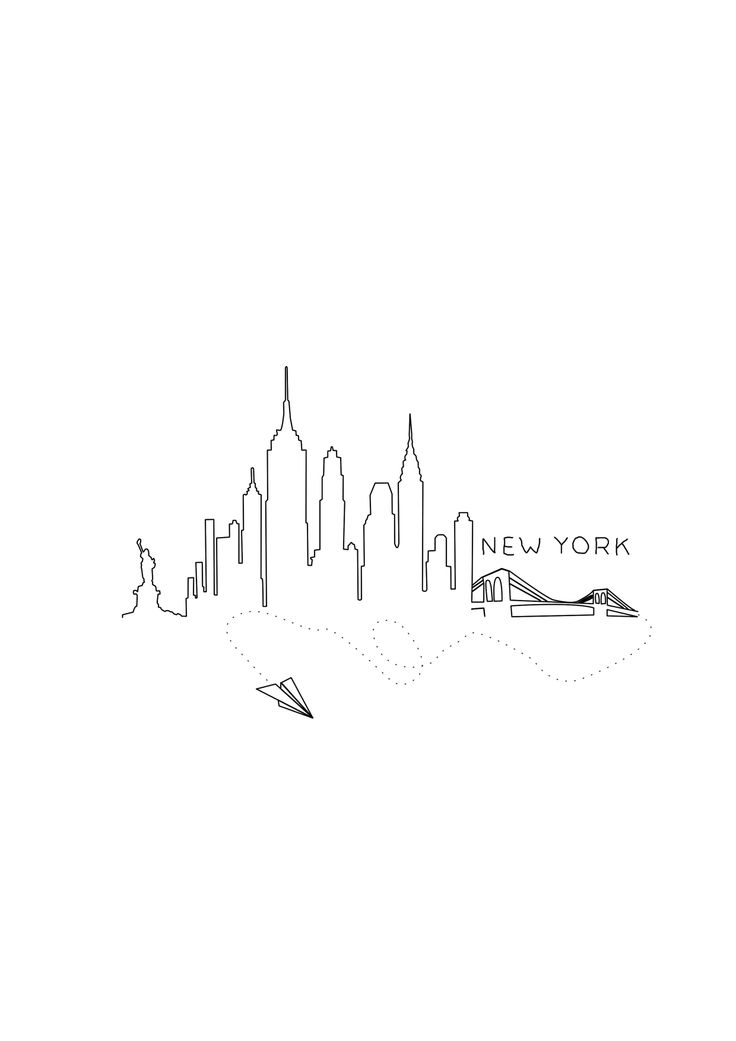 a black and white drawing of the new york skyline with a paper airplane flying over it