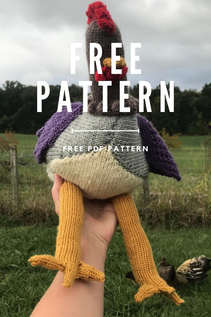 a hand holding up a knitted chicken with the words free pattern on it's head