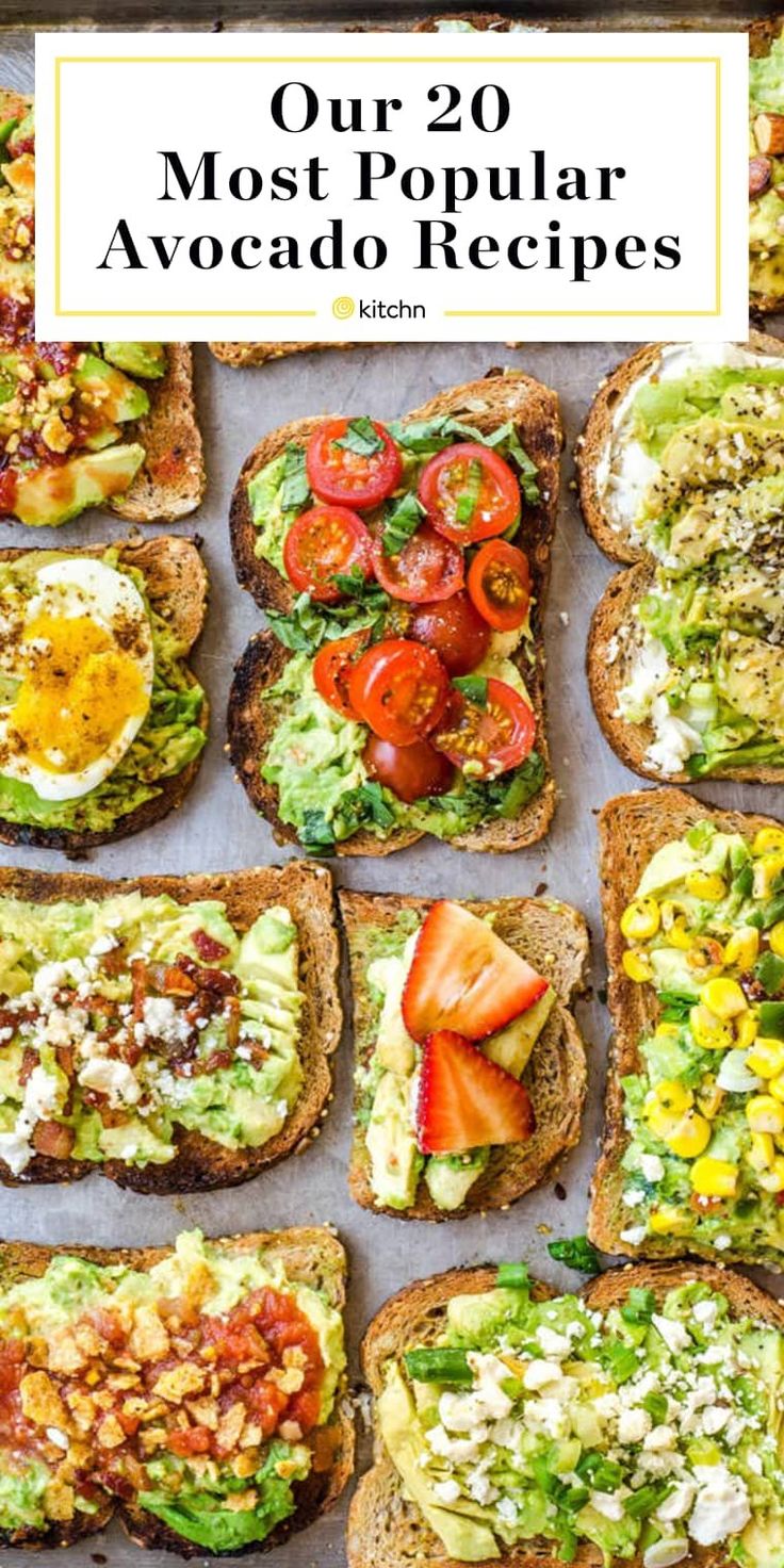 toasted bread topped with avocado, tomatoes and other toppings on top