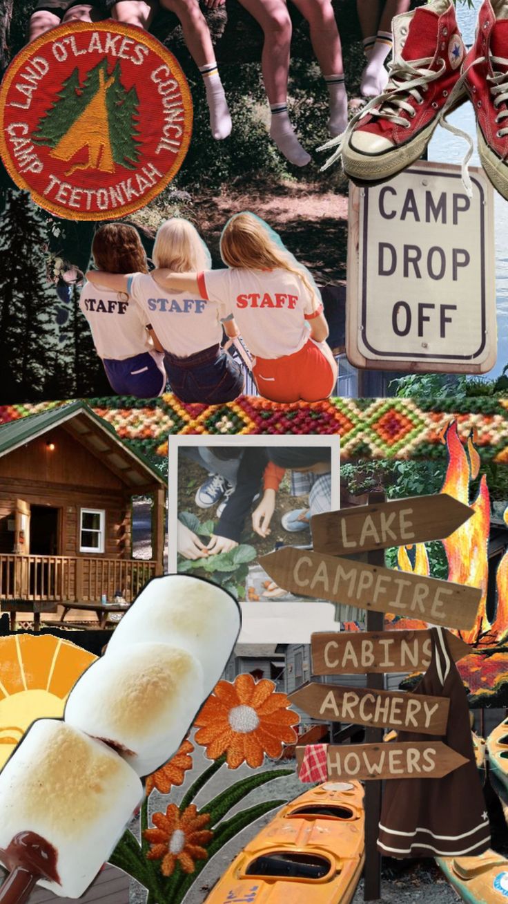 collage of various pictures including signs, trees and people in the background with text that reads camp drop off