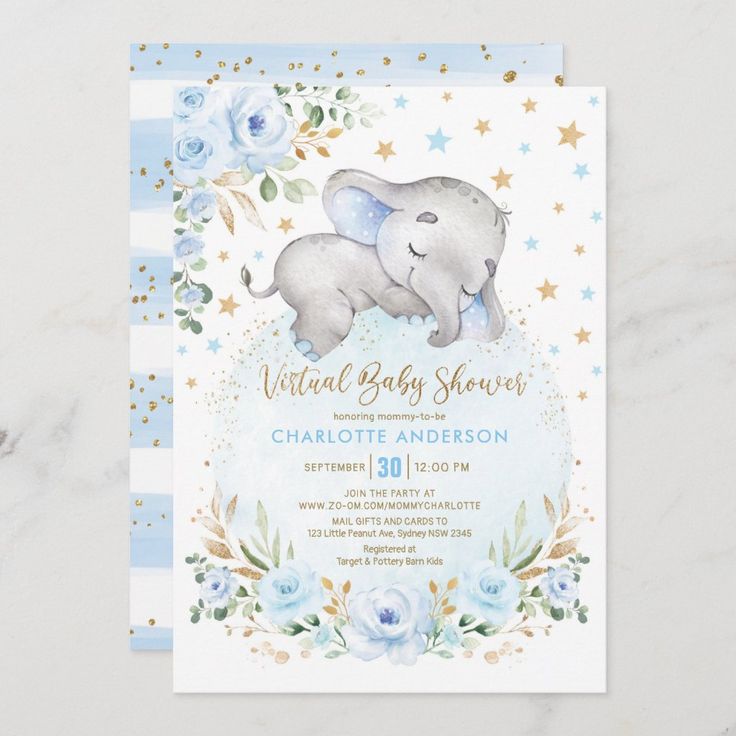 an elephant themed baby shower with blue flowers and stars