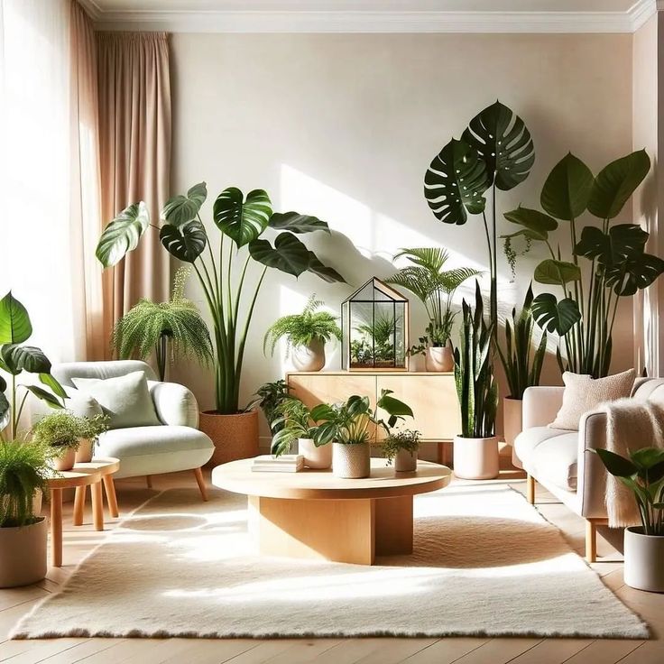 a living room filled with lots of potted plants on top of a wooden table