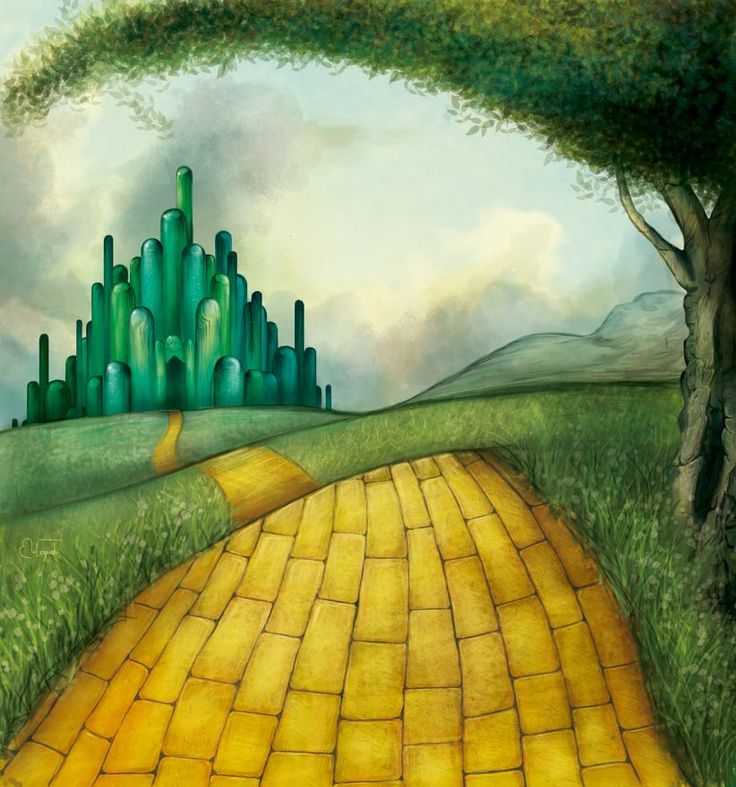 a painting of a wizard's castle with a path leading to it