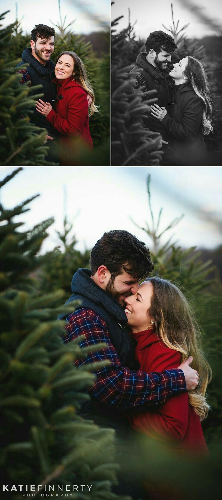 a couple hugging in front of a christmas tree