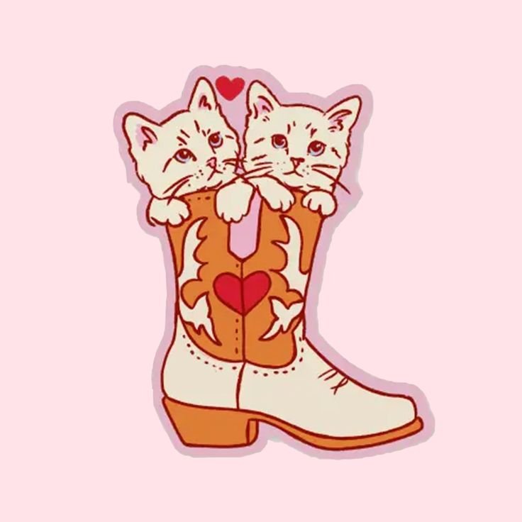 A vinyl sticker in the shape of two kittens sitting inside of a cowgirl boot that has a heart design on it. Cowboy Boots Embroidery, Cowboy Cat Tattoo, Laptop Stickers Aesthetic Ideas, Doodle Bops, Cat In Boots, Earring Painting, Whimsical Stickers, Cowboy Boot Tattoo, Tarot Illustration