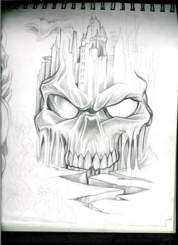 a drawing of a skull with a city in the background