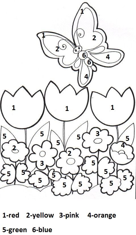 a coloring page with flowers and butterflies in the middle, numbers 1 - 5 on each side