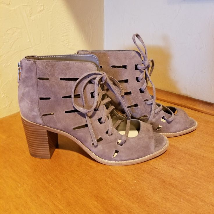 New Vince Camuto Grayish Brown Leather Lace Up Heels Size 8w. They Zip In The Back For Easy On And Off Access And The Heel Is 3" Tall. Gray High Heel Boots For Spring, Gray Round Toe Heels Medium Width, Gray Round Toe Medium Width Heels, Gray Lace-up Boots For Spring, Gray Medium Width Round Toe Heels, Casual Gray Heels For Spring, Gray Closed Toe Casual Heels, Gray Synthetic Heels With Round Toe, Gray Spring Heels With Round Toe