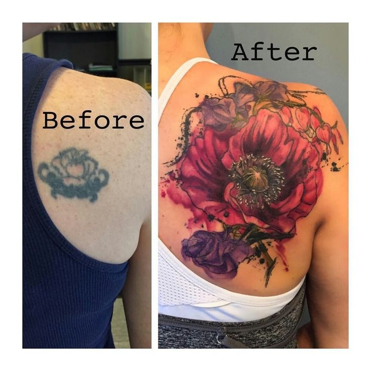 before and after photos of a woman's upper back tattoo, with flowers on it