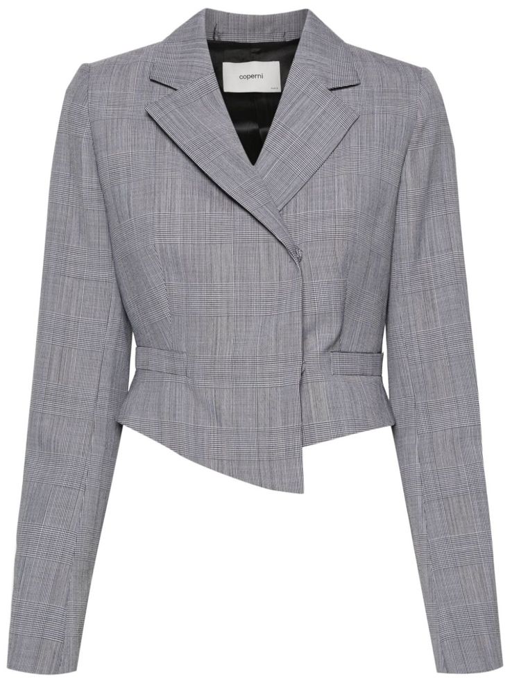 black/white virgin wool all-over check pattern notched lapels long sleeves faux pocket detail to the front cropped full lining asymmetric hem double-breasted button fastening Cropped Suit Jacket, Cropped Black Jacket, Asymmetric Jacket, Crop Blazer, Grey Plaid, Cropped Blazer, Plaid Jacket, Jacket Pattern, Black Blazers