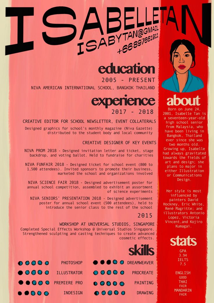 a red and black resume with an image of a woman on the front, and words above