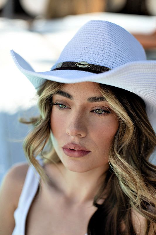 The cowboy hat you have all been waiting for is here... The El Paso Cowboy Hat is promised to add that western edge to every festival look you're planning this year. This straw hat is perfect for hot summer concerts, or laying out by the pool. Style with your favorite cowboy boots and just about ANY dress for that dream western outfit you've been craving. - This hat is OSFM (ONE SIZE FITS MOST) // not adjustable Summer Straw Hat For Western-themed Events, Summer Wide Brim Hat For Western-themed Events, Summer Wide-brim Straw Hat For Western-themed Events, White Fedora Panama Hat For Ranch, White Western Fedora Straw Hat, Summer Hats With Short Brim For Western-themed Events, Summer Sun Hat For Western-themed Events With Curved Brim, Summer Sun Hat With Curved Brim For Western-themed Events, Summer Sun Hat For Western-themed Events