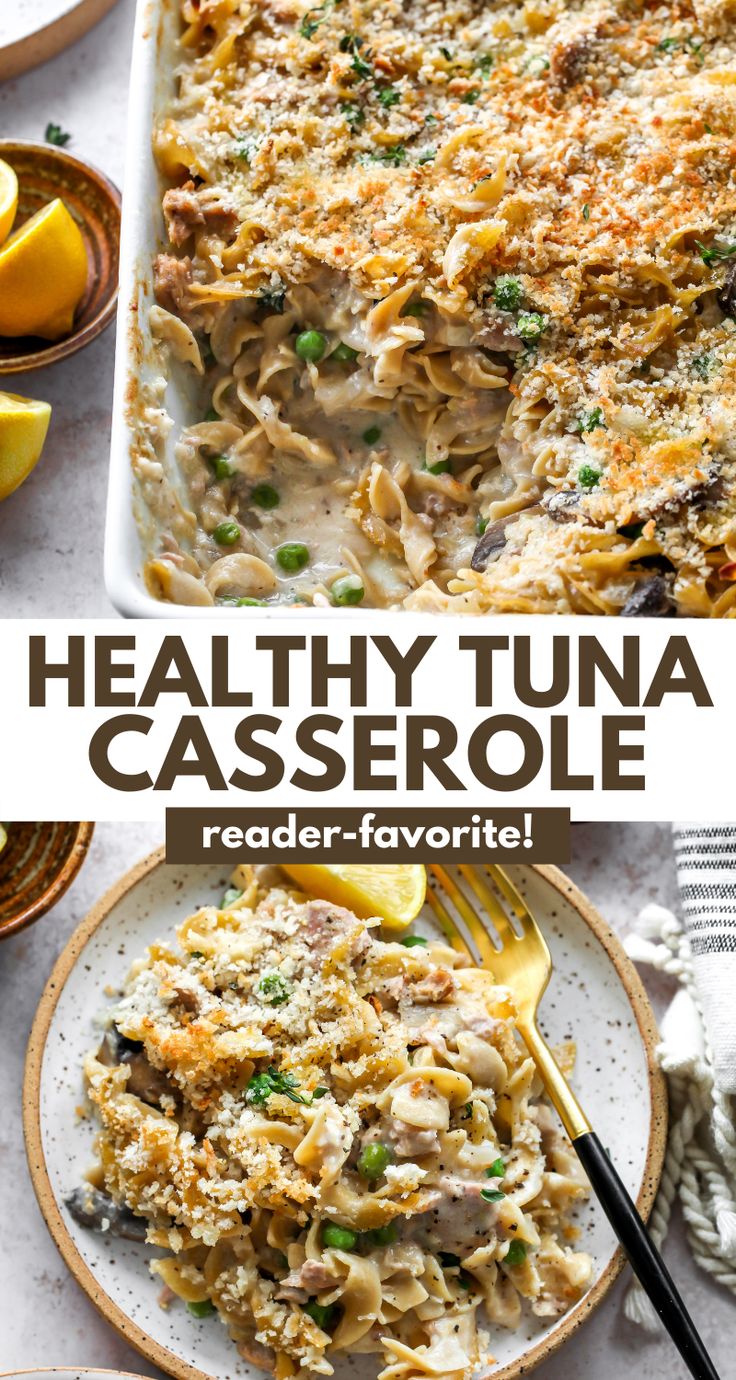 healthy tuna noodle casserole with lemons and parsley on the side