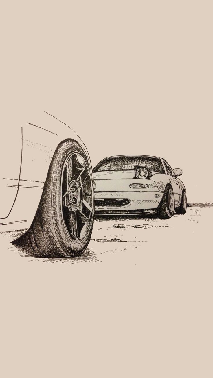 a drawing of a car on the ground with its tire out and another car in the background