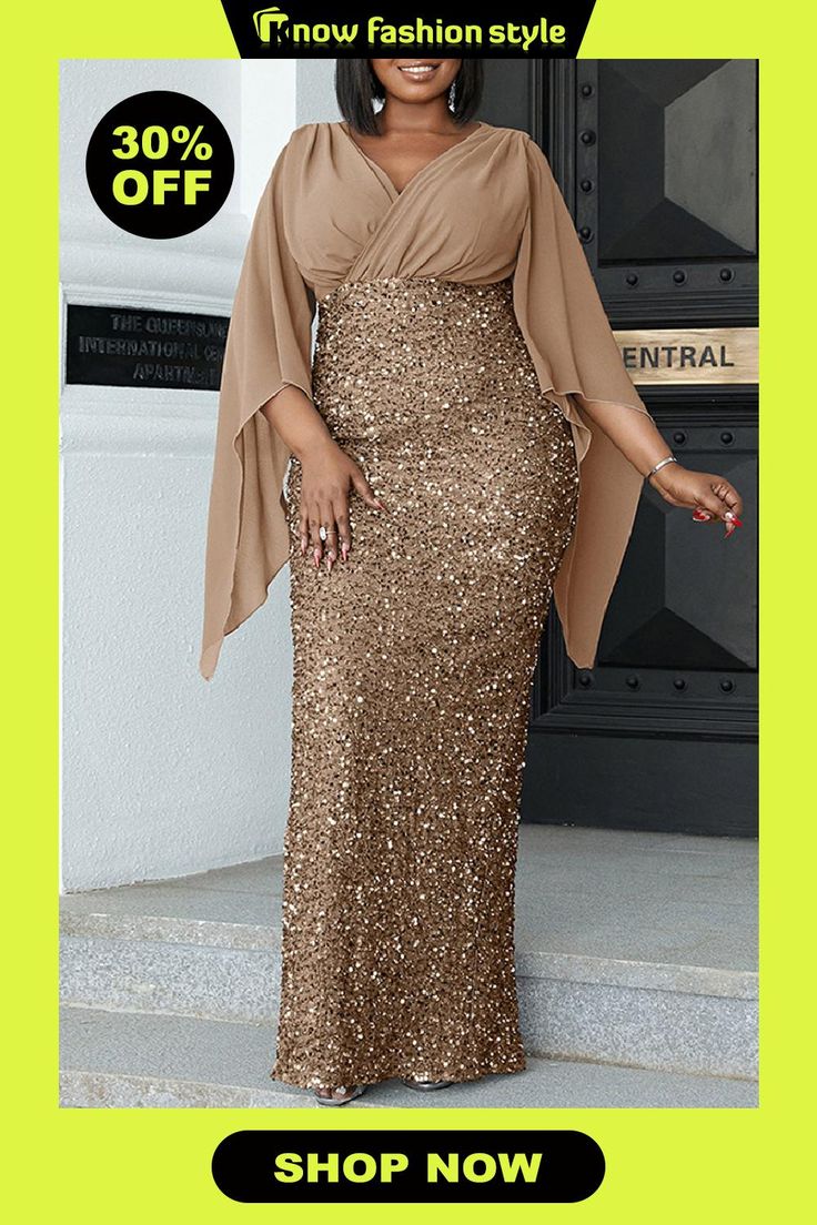 Gold Plus Size Sexy Elegant Hot Drilling Sequins Patchwork Sequined V Neck Wrapped Skirt Plus Size Dresses Plus Formal Dresses, Womens Evening Gowns, Sequin Material, Autumn Fabric, Afrikaanse Mode, Sequin Formal Dress, Elegant Fabric, Sequin Prom Dress, Angel Sleeve